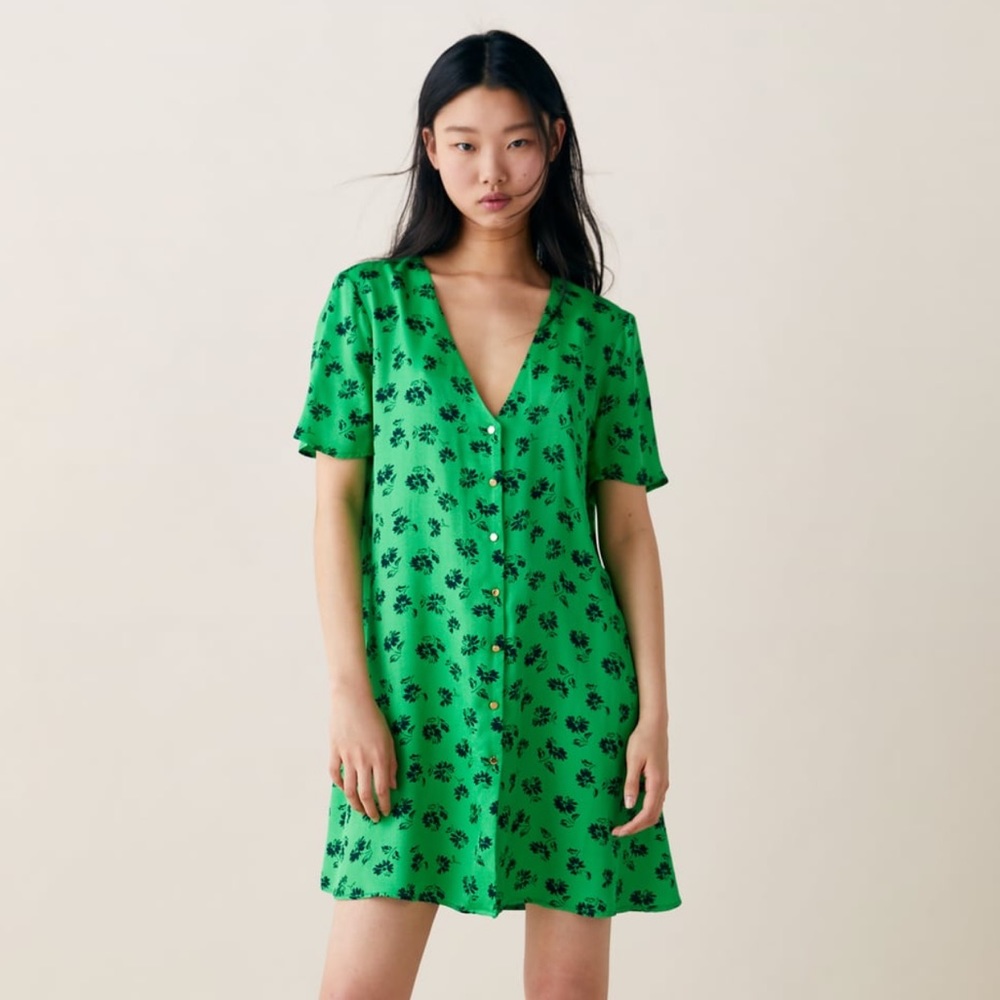 ZARA Floral Print Button Front V Neck Dress New Without tags